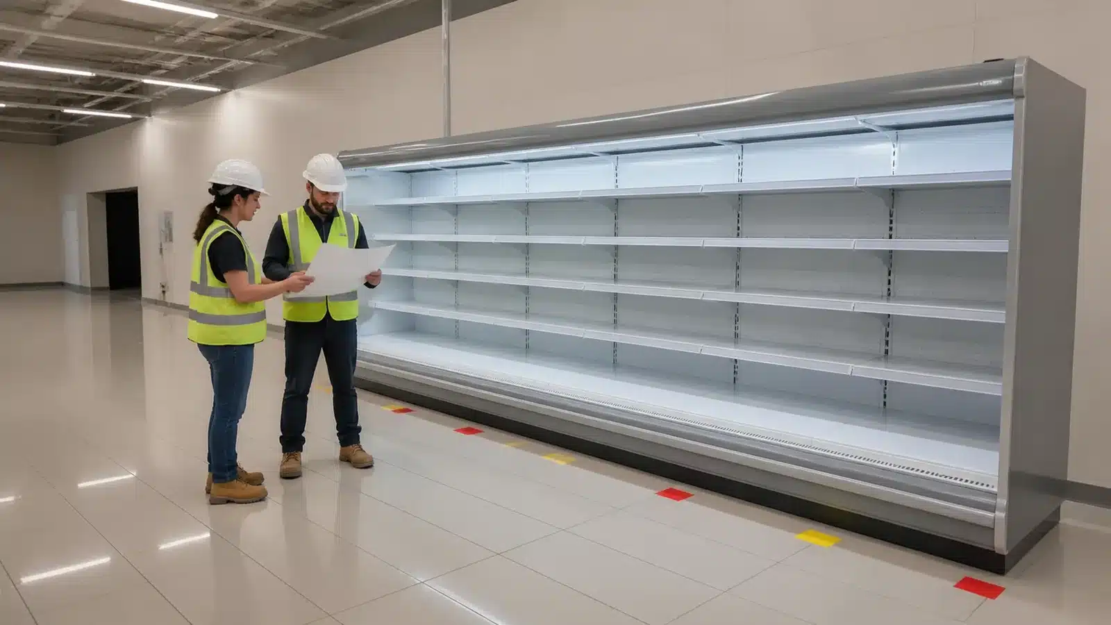 Project coordinators marking utility approach points beside an empty open-front multideck chiller