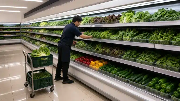 Open multideck chiller stocked with produce beside a tidy crate-to-shelf replenishment trolley
