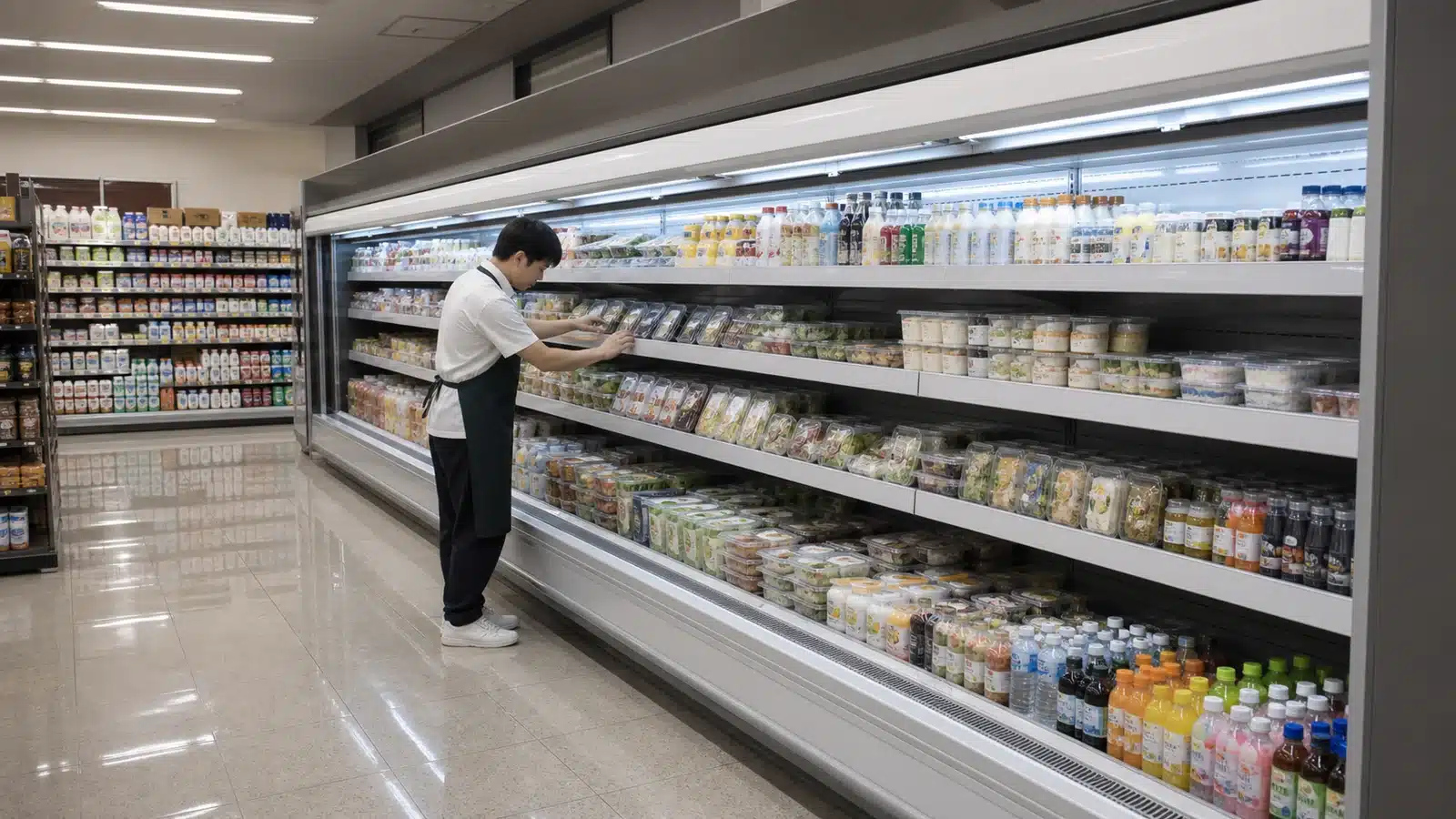 Store employee aligning products behind shelf fronts in an open multideck chiller