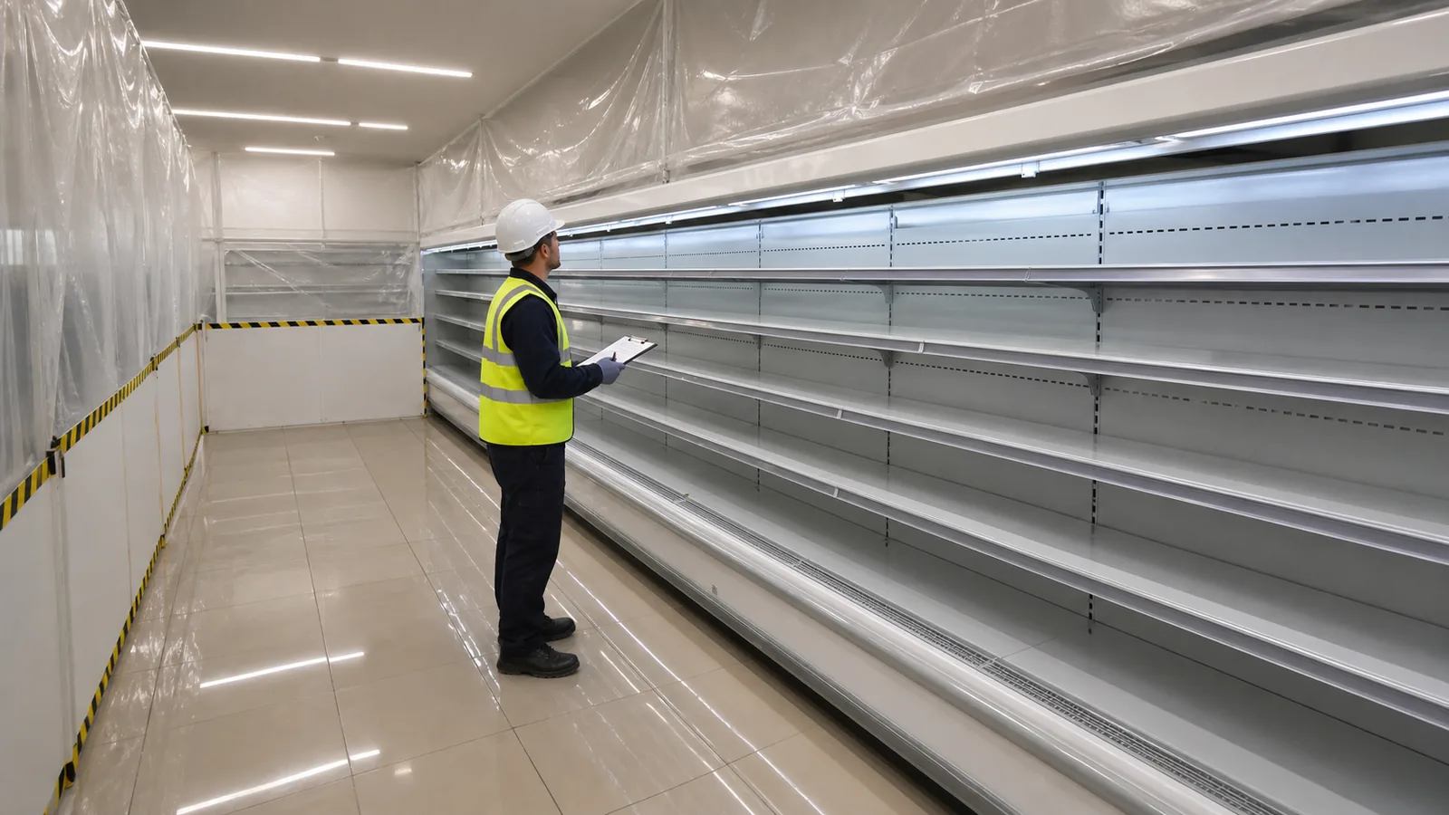 Empty open multideck chiller inspected behind a clean refurbishment dust boundary