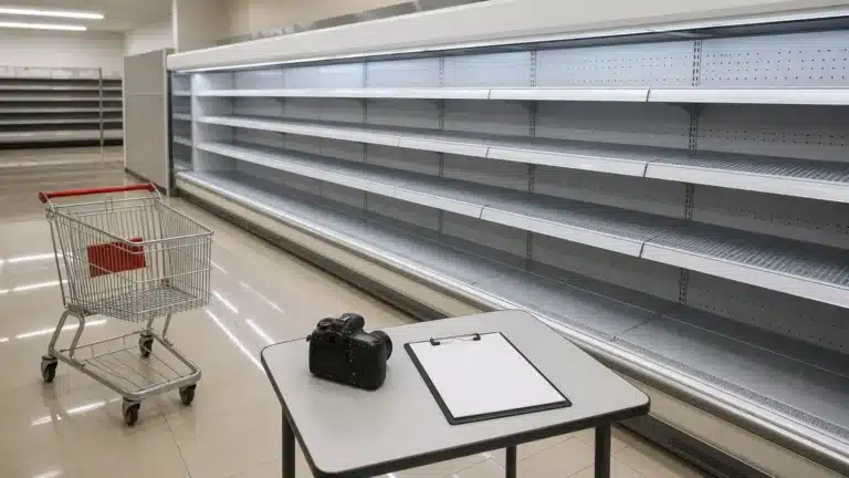Open multideck chiller shelf edge beside a replenishment trolley with clear aisle space