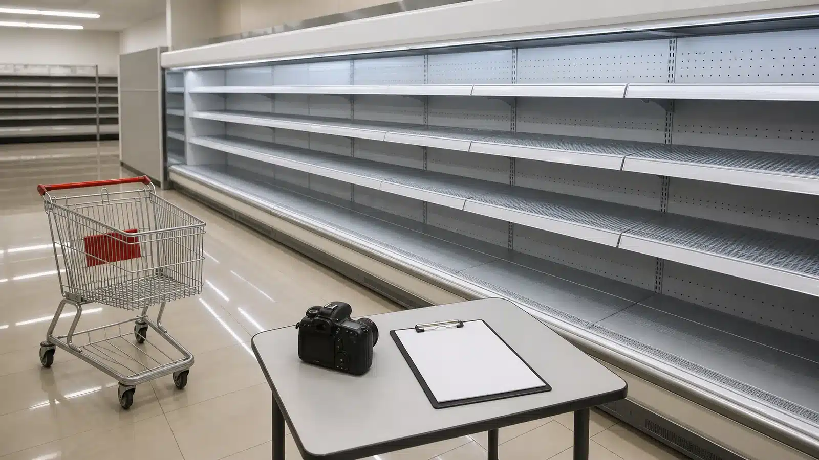 Open multideck chiller shelf edge beside a replenishment trolley with clear aisle space