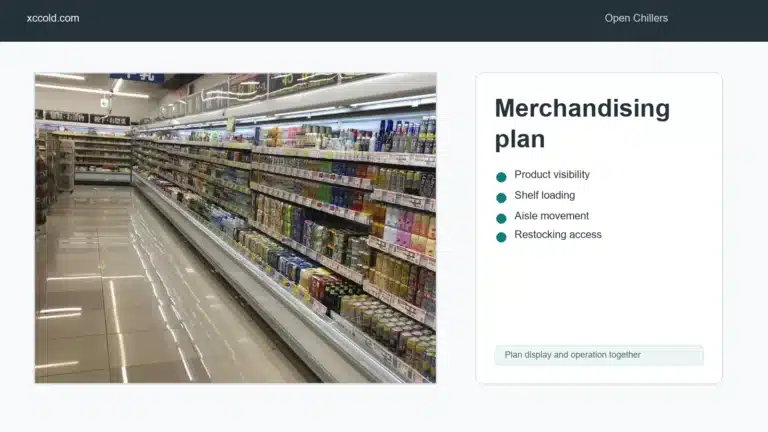 Open multideck chiller merchandising in a supermarket aisle