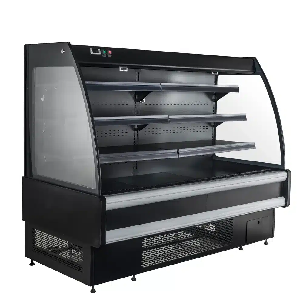 Plug-in semi-height curved island display cooler with panoramic "Arc-Glass" side-profiles, self-contained R290 refrigeration, and precision 0 to 5°C open-top cooling - XCCold Series