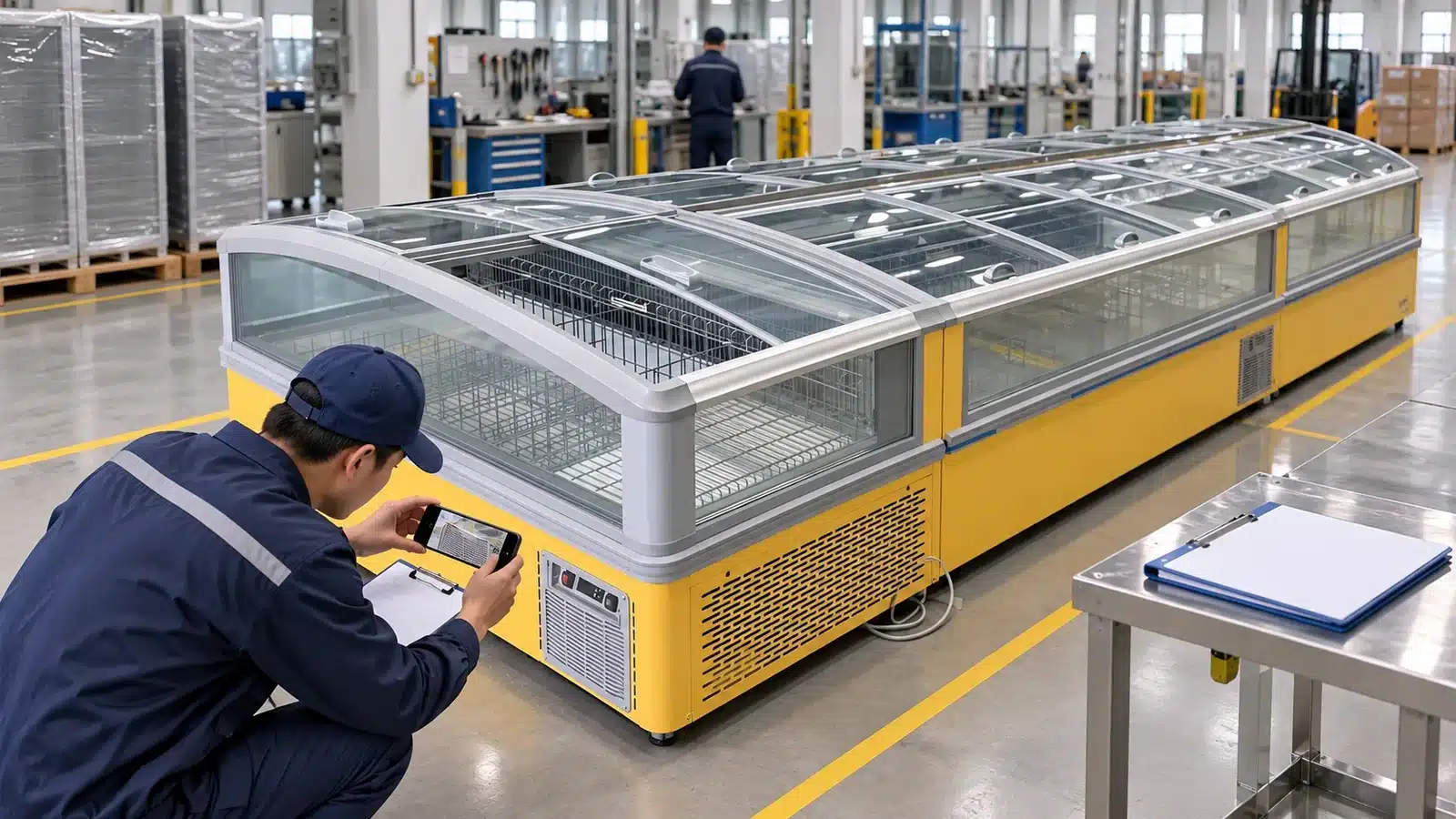 Technician documenting a plug-in High Vision Type-B island freezer