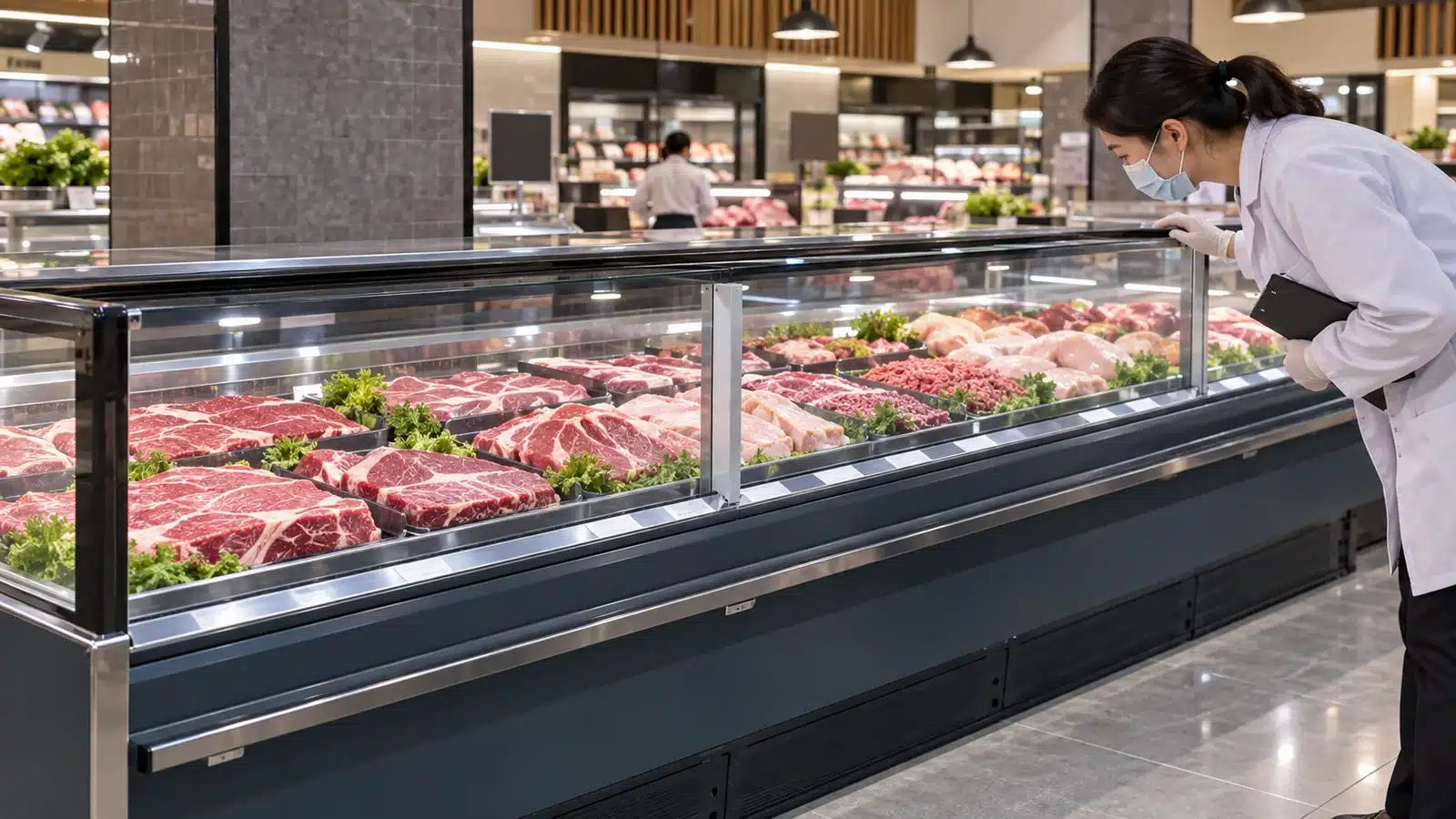 Quality inspector reviewing a straight-glass fresh-meat display counter