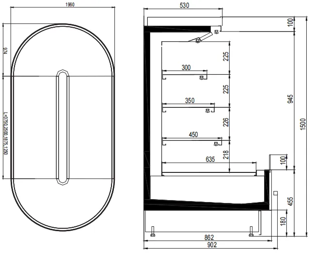 Technical dimensional specifications and diameter options for remote round luxury island semi-high multideck open chiller - XCCold Series
