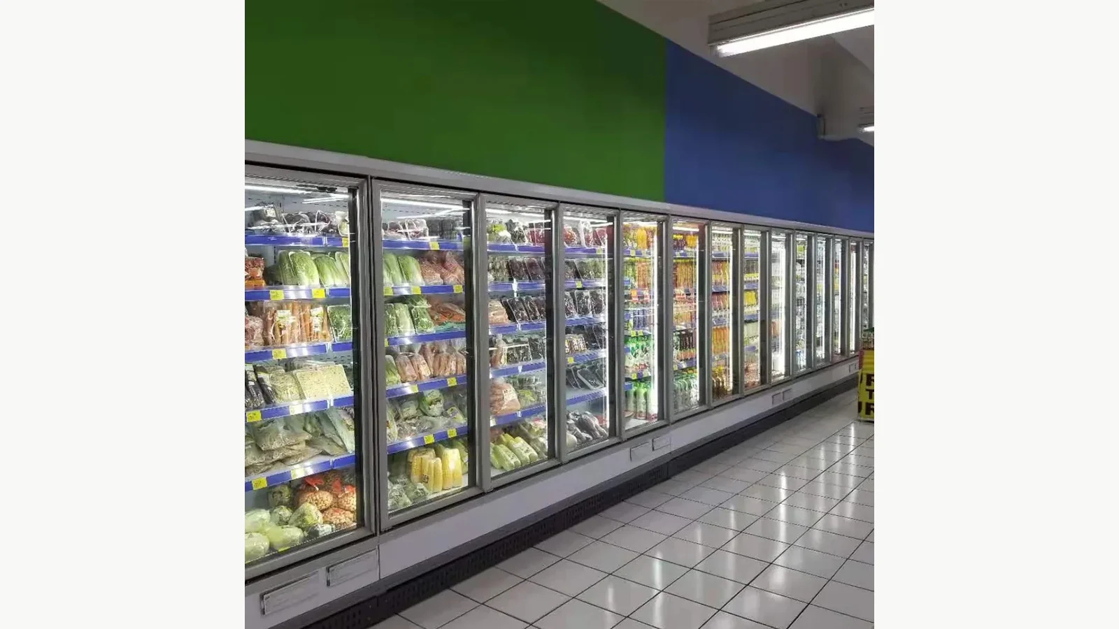 Remote luxury glass-door chiller used as a separate modular product row