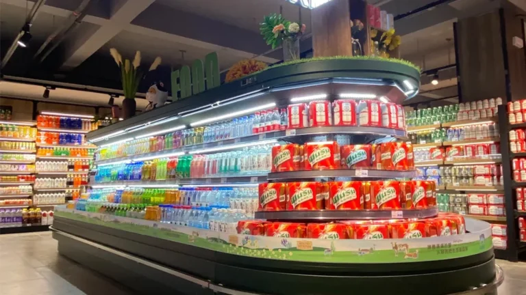 Remote round semi-high open chiller in a supermarket application with a listed 2 to 8 degree Celsius range