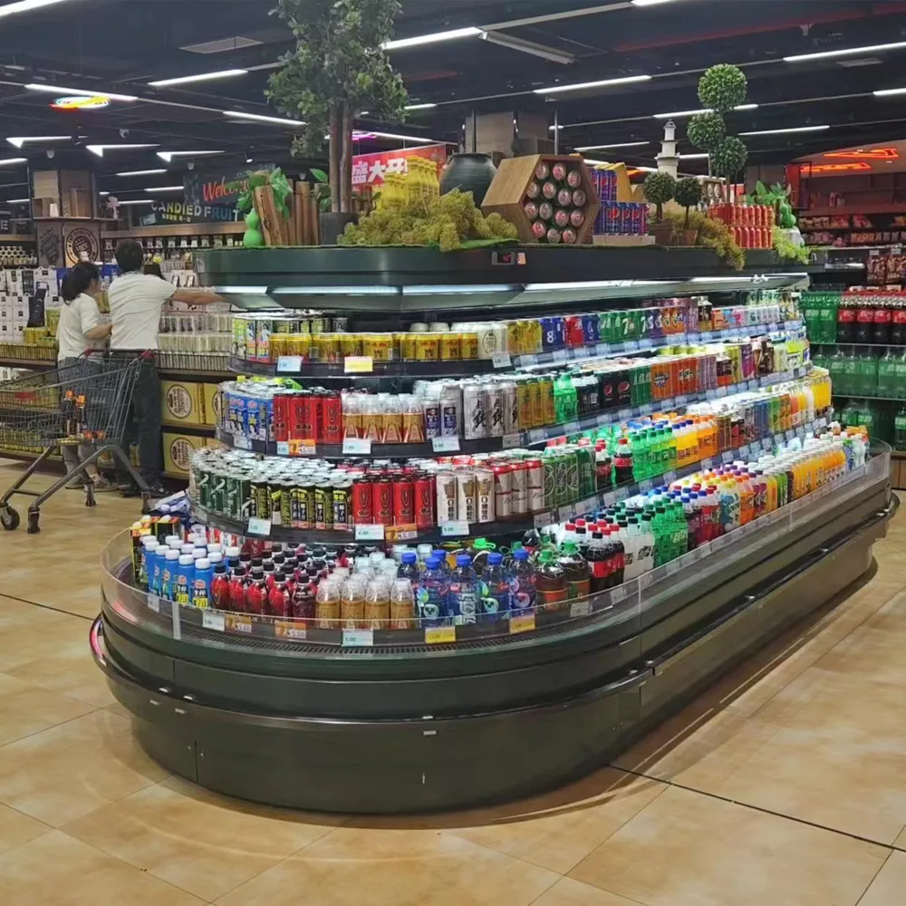 Remote-semi-height open endcap display cooler with external compressor integration and precision 0 to 5°C industrial air-curtain technology - XCCold Series