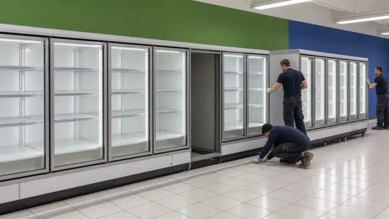 Technicians aligning an empty glass-door upright chiller with an existing cabinet lineup