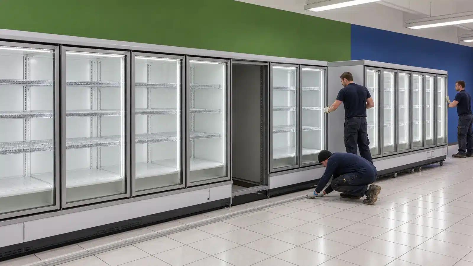 Technicians aligning an empty glass-door upright chiller with an existing cabinet lineup