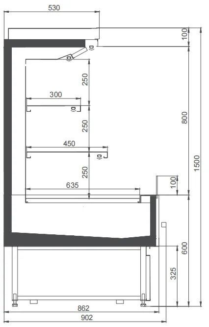 Technical sizing matrix for semi-height open chillers featuring modular lengths from 1250mm to 3750mm and compact 1350mm-1500mm vertical profiles - XCCold Series