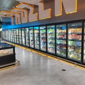 Slim-frame remote upright glass door display case with minimalist profile and precision -18 to -22°C centralized industrial cooling - XCCold Series