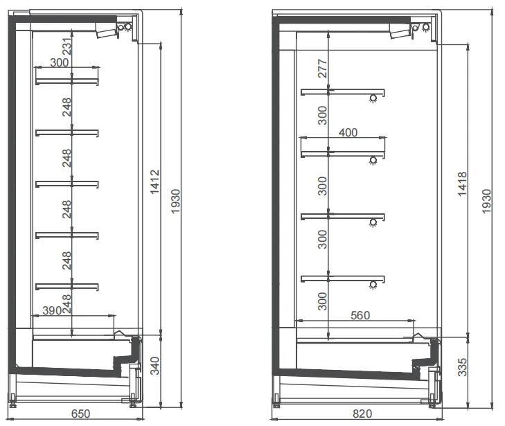 Technical parameter chart for standard remote open multideck chiller sizes showing modular lengths of 1875mm, 2500mm, and 3750mm - XCCold Series