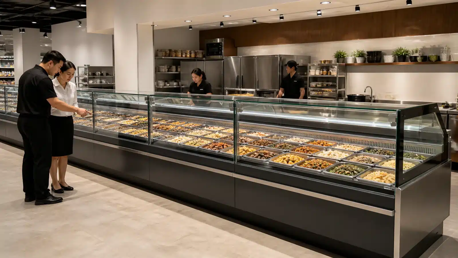 Straight glass deli showcase lineup with prepared food pans and visible joints