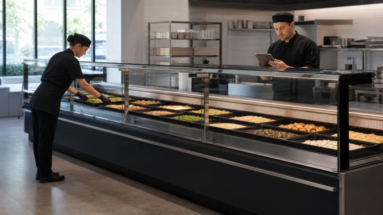 Prepared-food staff completing an opening handoff at a straight-glass deli showcase