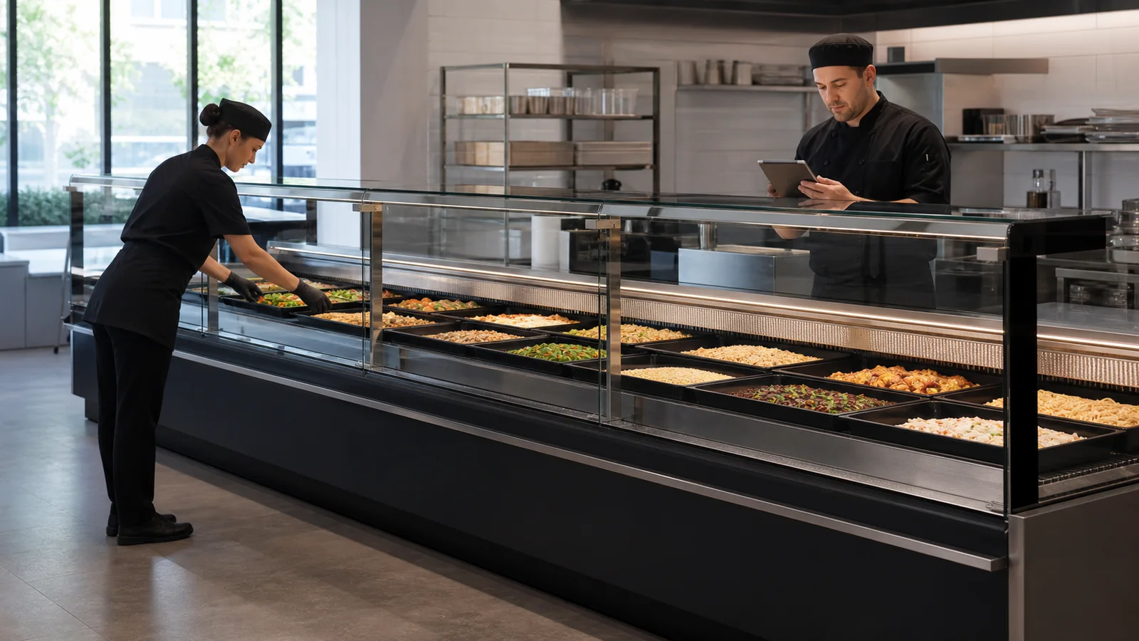 Prepared-food staff completing an opening handoff at a straight-glass deli showcase