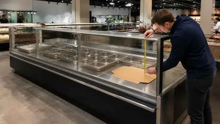 Buyer measuring empty pans inside a straight-glass deli showcase counter