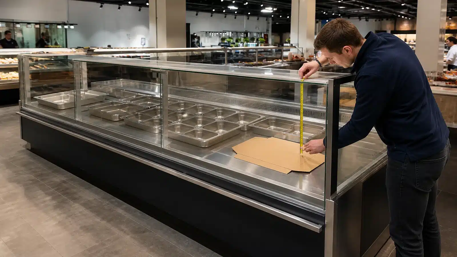 Buyer measuring empty pans inside a straight-glass deli showcase counter