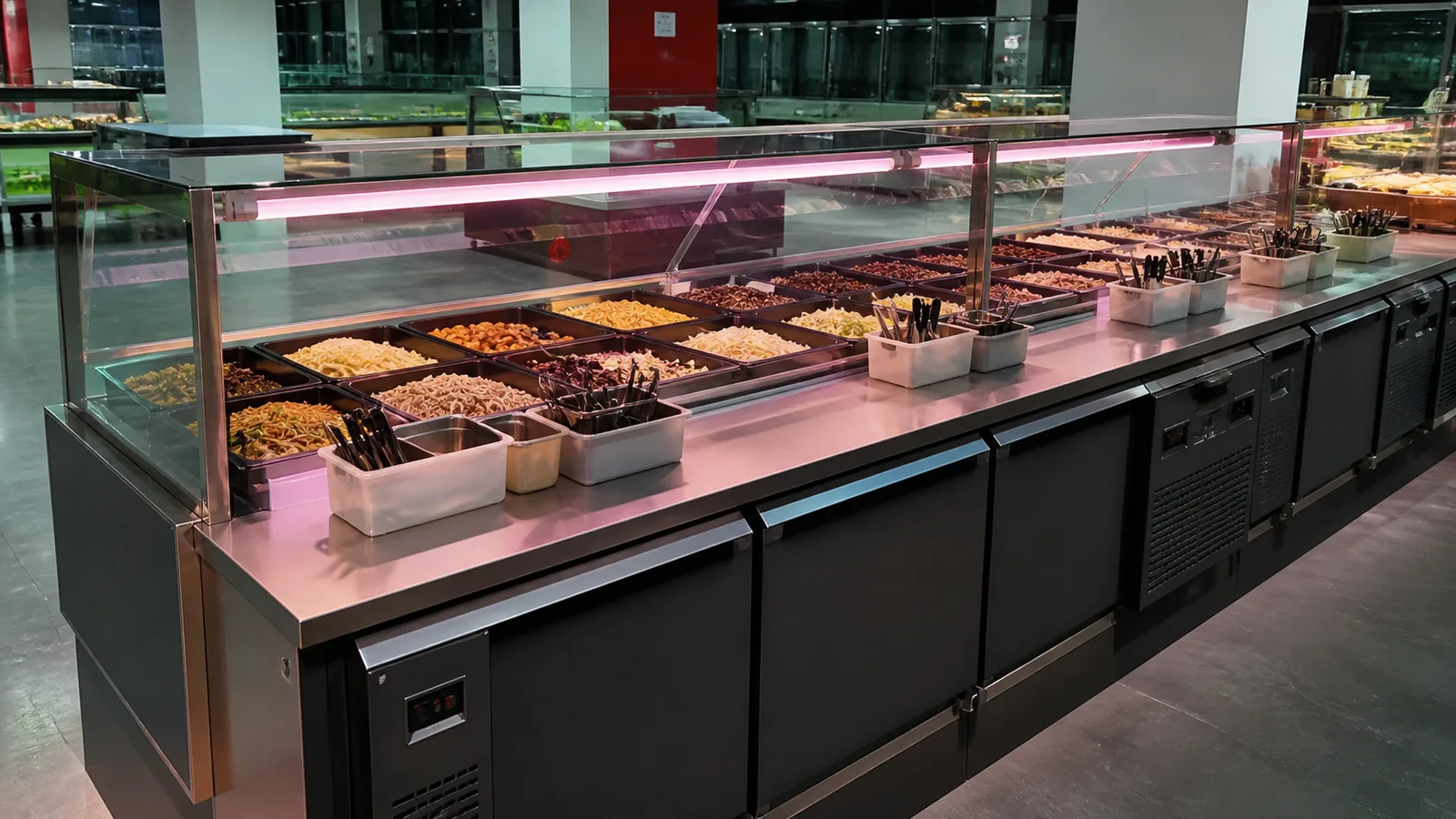 Serving tools separated by prepared-food zone behind a straight-glass deli showcase