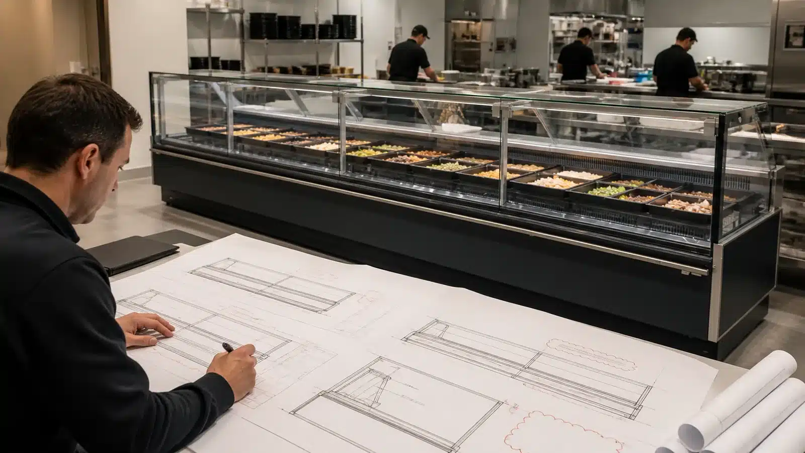 Straight-glass deli showcase counter beside clean structure approval drawings