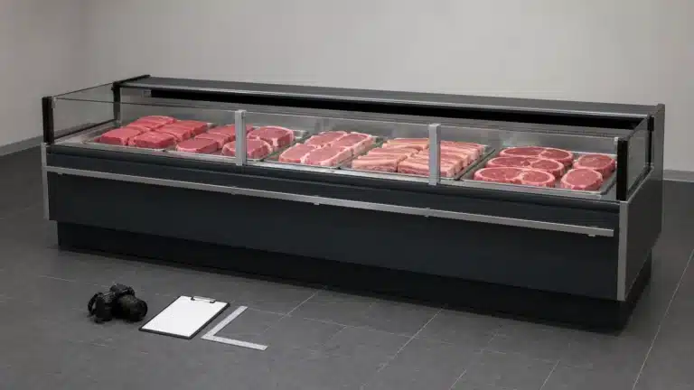 Straight-glass fresh meat showcase counter being visually documented after an impact event