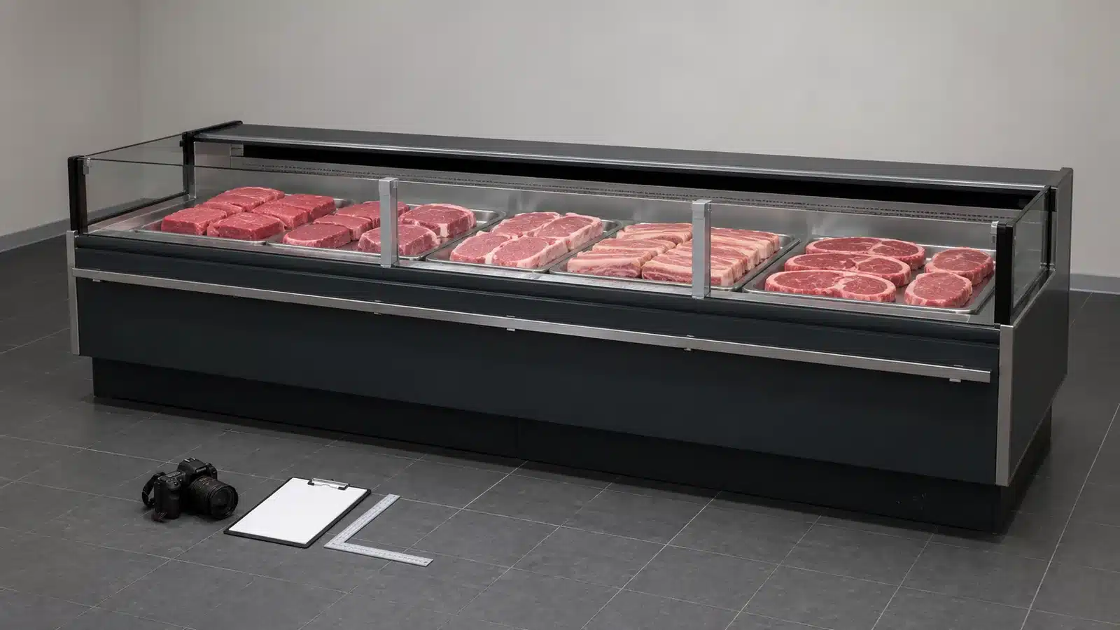 Straight-glass fresh meat showcase counter being visually documented after an impact event