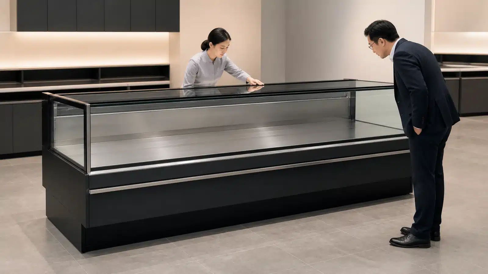Buyer inspecting a straight-glass fresh meat showcase with a flat display deck