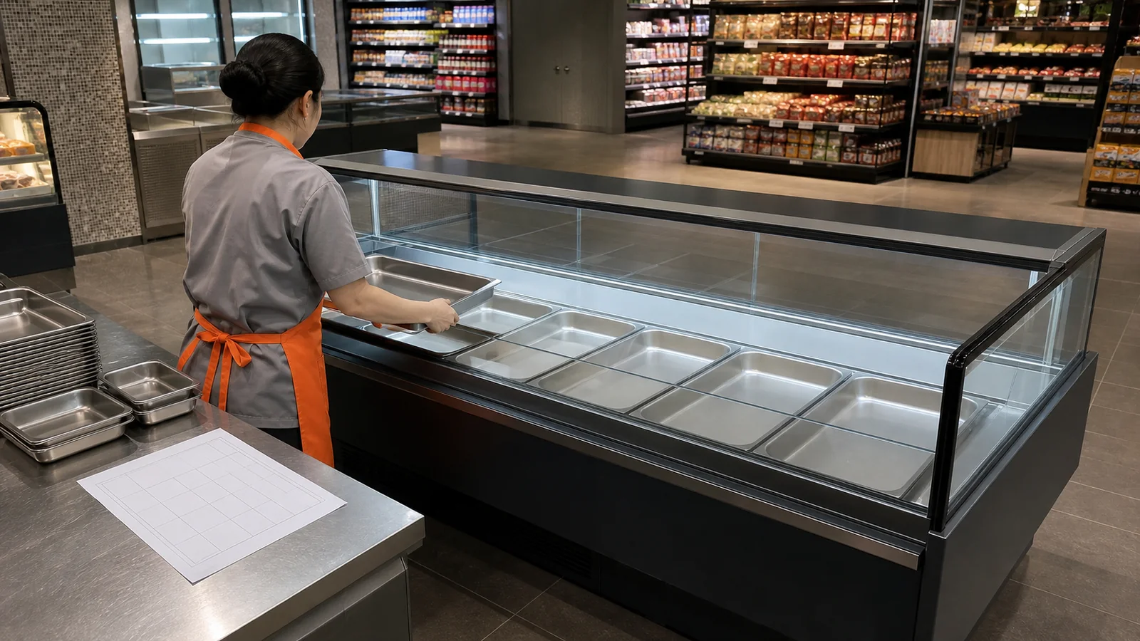 Rear-service worker resetting trays in a straight-glass fresh meat showcase counter