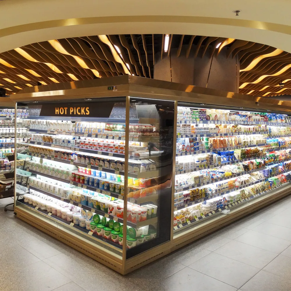 Supermarket beverage cooler with remote split-system refrigeration, heavy-duty glass-free open front, and precision 0 to 5°C multi-layer air-curtain - XCCold Series