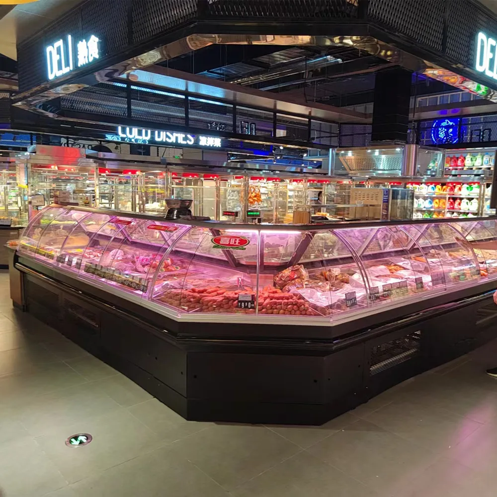 Supermarket deli section refrigerated curved glass case with SUS304 interior and panoramic display - XCCold Series