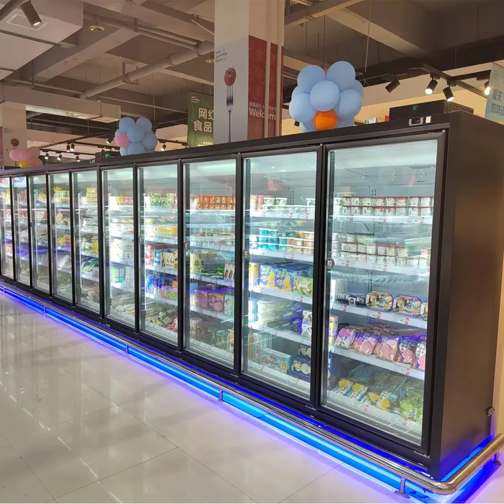Supermarket remote glass door merchandiser aisle configuration with continuous vertical display and centralized industrial cooling - XCCold Series