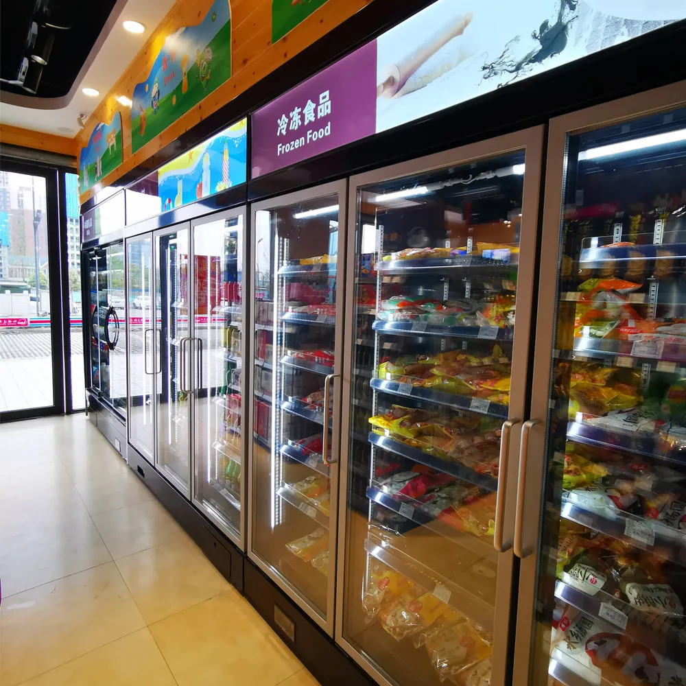 Supermarket retail plug-in glass door display case with modular vertical design and precision 0 to 5°C industrial-grade self-contained cooling - XCCold Series