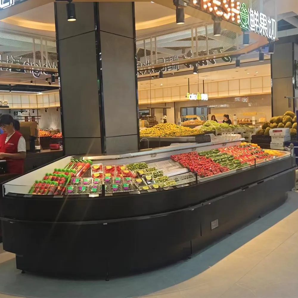 Tiered fresh beef display counter with remote refrigeration and straight glass front - XCCold Meat Freezer Style