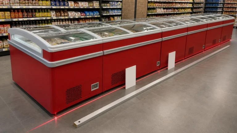 Red combined island freezer modules checked with an alignment line and straight reference edge