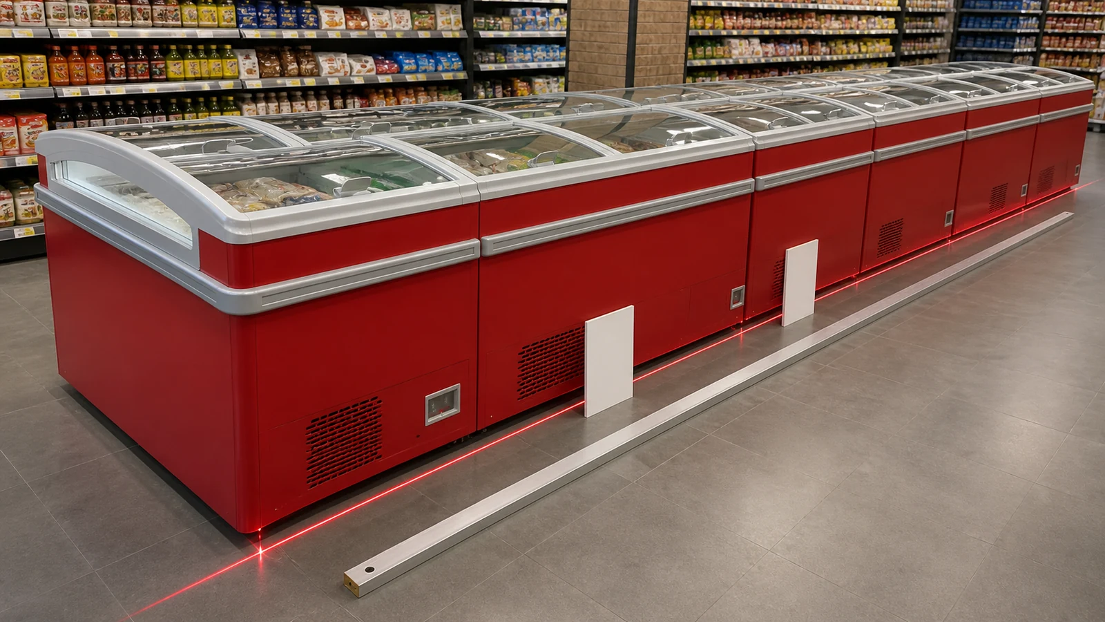 Red combined island freezer modules checked with an alignment line and straight reference edge