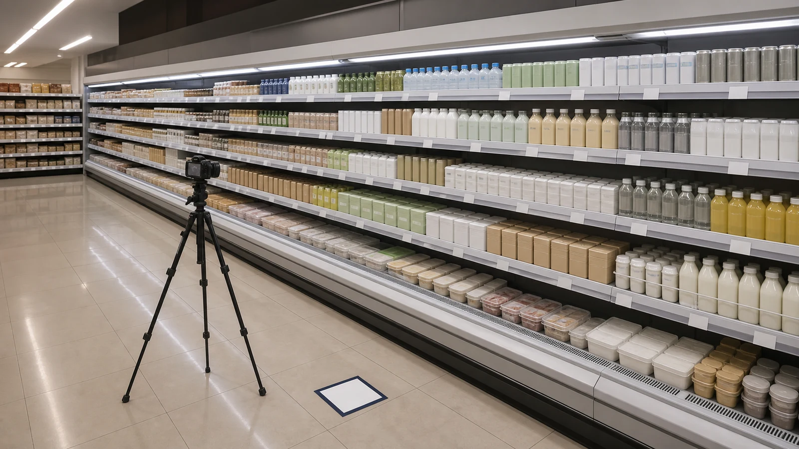 Open multideck chiller photographed from a marked aisle position for shelf reset records